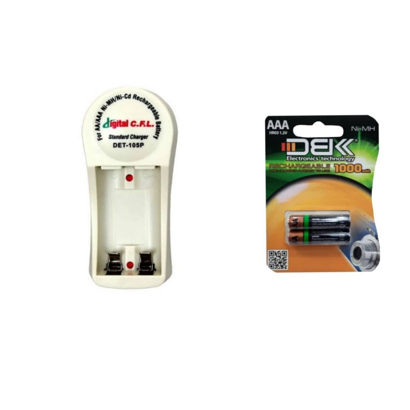 شارژر باتری سی.اف.ال مدل DET-105P به همراه باتری نیم قلمی قابل شارژ بسته 2 عددی