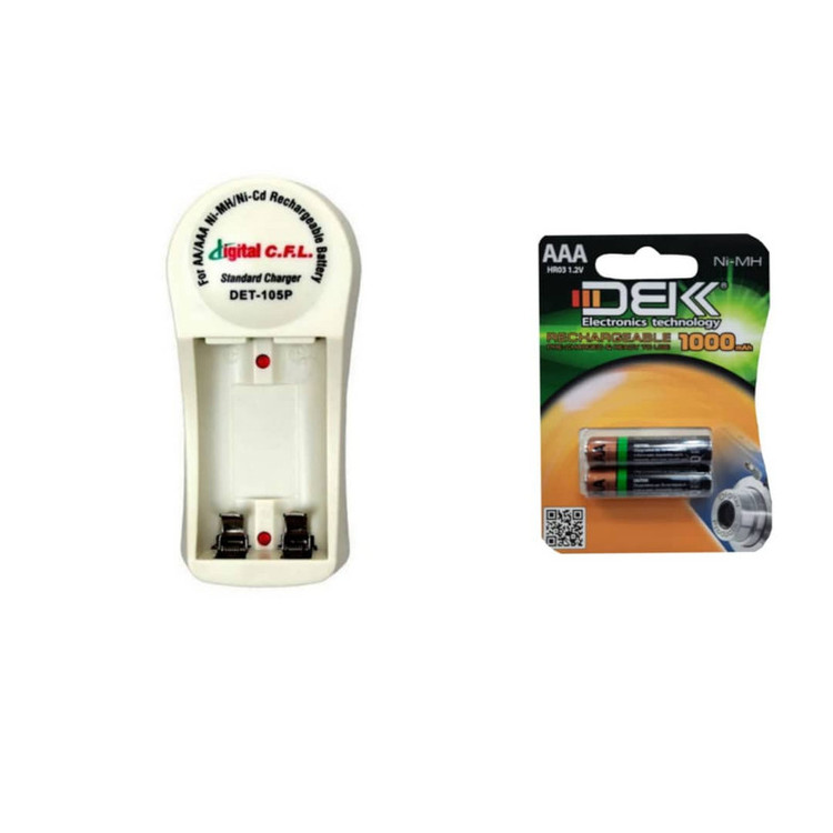 شارژر باتری سی.اف.ال مدل DET-105P به همراه باتری نیم قلمی قابل شارژ بسته 2 عددی