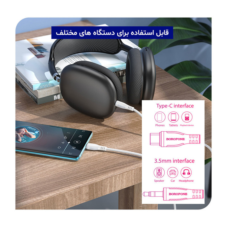 کابل تبدیل USB-C به جک 3.5 میلی متری بروفون مدل BL14 طول 1 متر